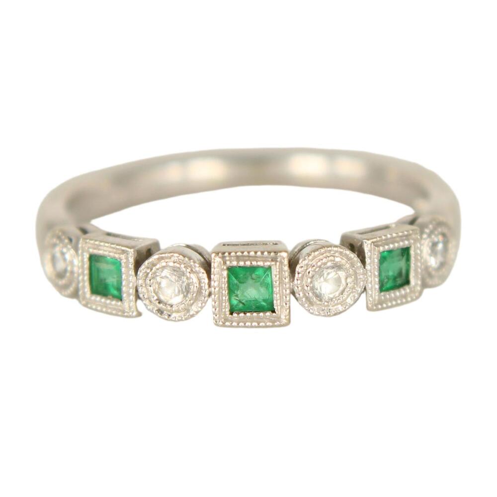 14k White Gold Natural Emerald White Sapphire Stacker Ring Size 7.25